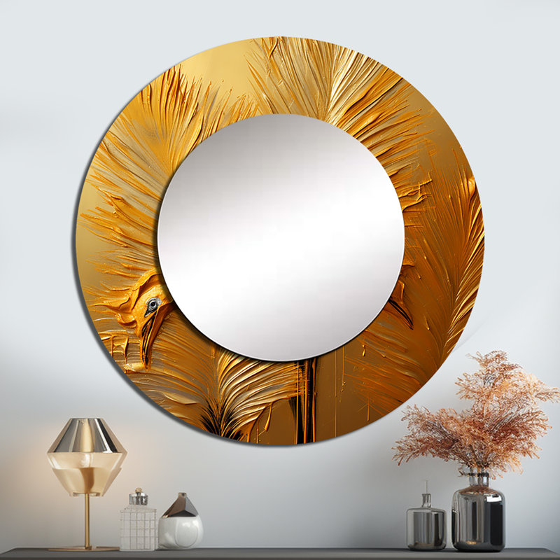 Sayonara Golden Feathers I - miroir décoratif en plumes, miroir mural rond moderne, impression d'art en métal, 36 po x 36 po