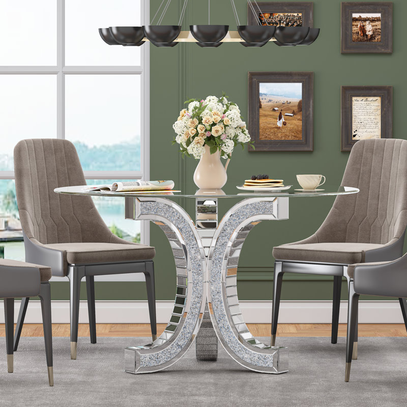 Douty 52''  Tempered Glass Dining Table Mirrored Crushed Diamond Inlay