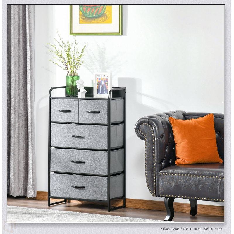 Commode à 5 tiroirs, commode en tissu, rangement à 4 niveaux pour vestibule de chambre à coucher, unité de tour avec plateau en bois