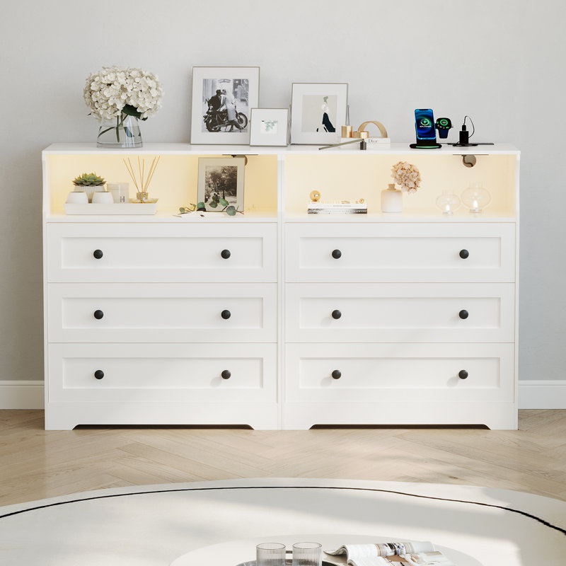 37.2" 3-Drawer Dresser with LED Lights & Charging Station, Modern Wood Chest with USB Ports for Bedroom Living Room Entryway Storage