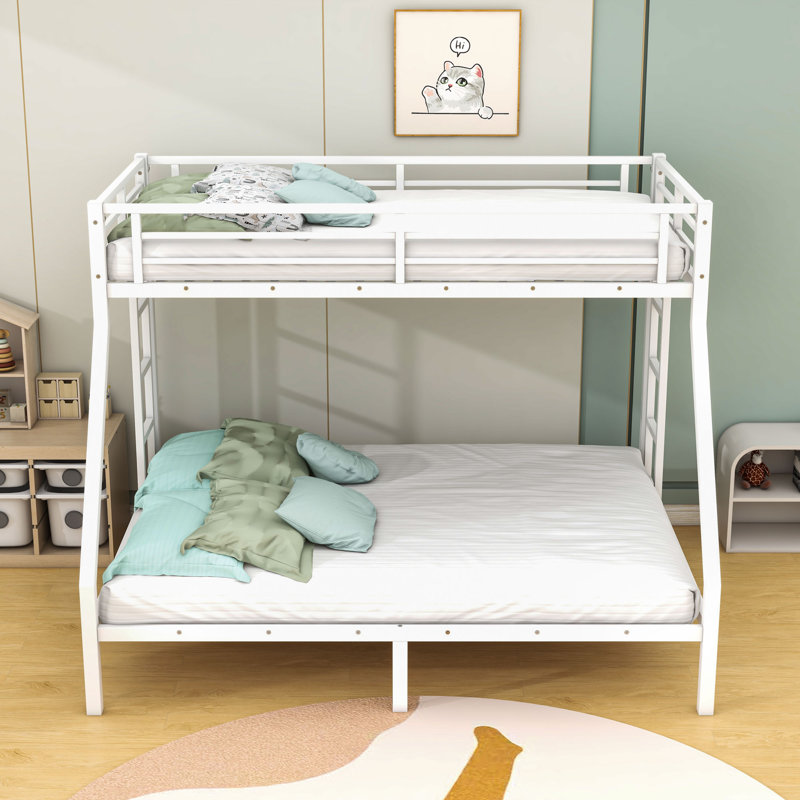 Metal Twin XL Over Queen Bunk Bed With 2 Side Ladder And Guardrails, White
