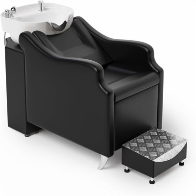 Shampoo Backwash Unit With White Porcelain Bowl, Salon Sink Hair Wash Chair Shampoo Station, Barbershop Beauty Spa Massage Hairdressing Equipment