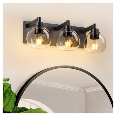 Luminaire de meuble-lavabo moderne noir mat avec abat-jour sphérique en verre transparent - applique murale à 3 lumières pour miroir