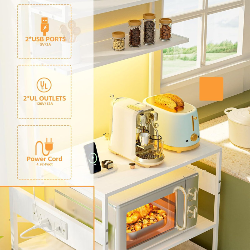 Bakers Rack with Power Outlet, Coffee Bar Table with LED Light, Kitchen Storage Shelf Rack Neishae