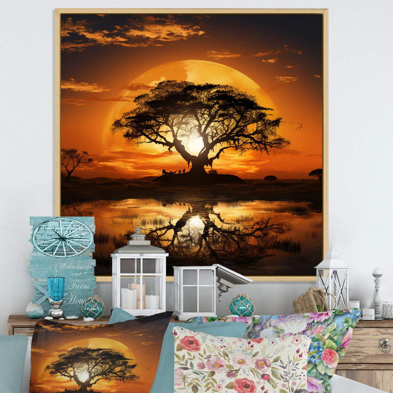 African Safari Tree Sunset Bliss - Art mural arbre, Cadre flottant brun, H 16 po x l 16 po x P 1 po