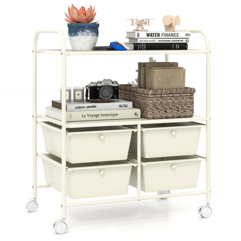 Chariot de rangement roulant sur roulettes avec 4 tiroirs et 2 tablettes, Beige