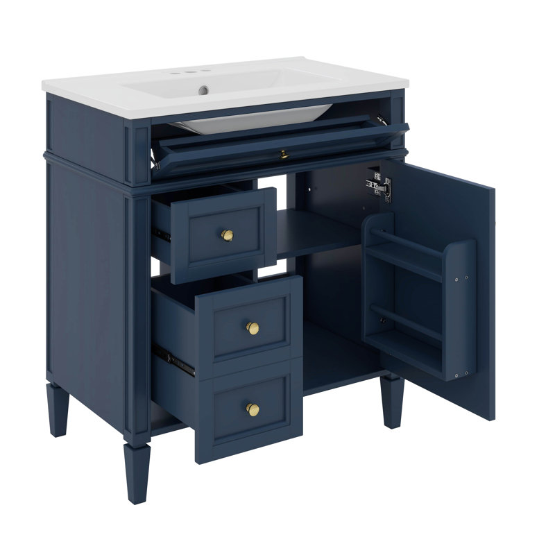 Meuble-lavabo moderne 30 po avec lavabo supérieur, 2 tiroirs et tiroir basculant, Bleu, Argent argent
