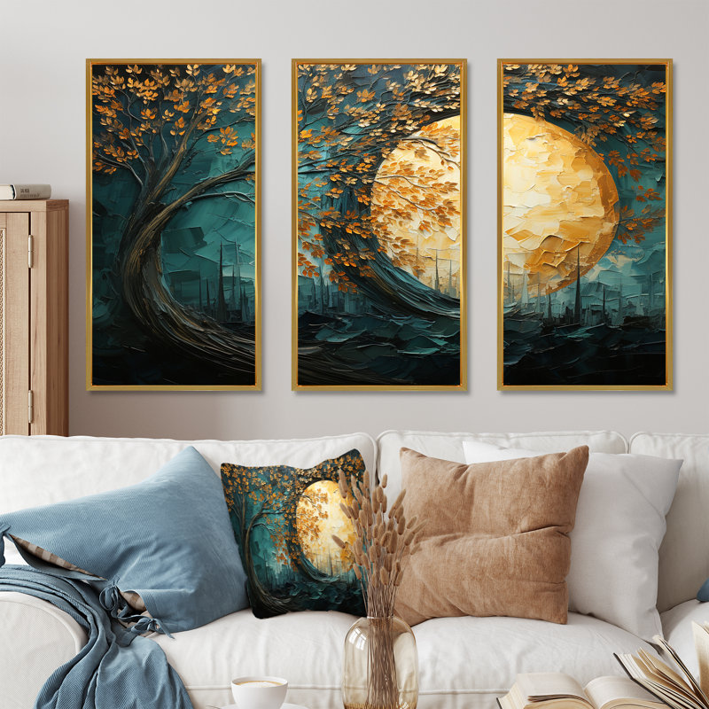 «Golden Emerald Forest I», ensemble d'art mural sur toile à spirales abstraites, Cadre flottant doré