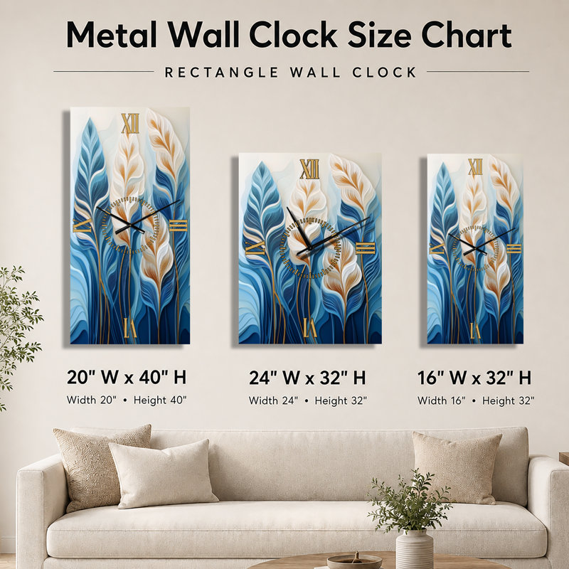 Horloge murale bohème grand format Gilded Pampas Plumes II, imprimée sur métal, H 32 po x l 24 po - Rectangle