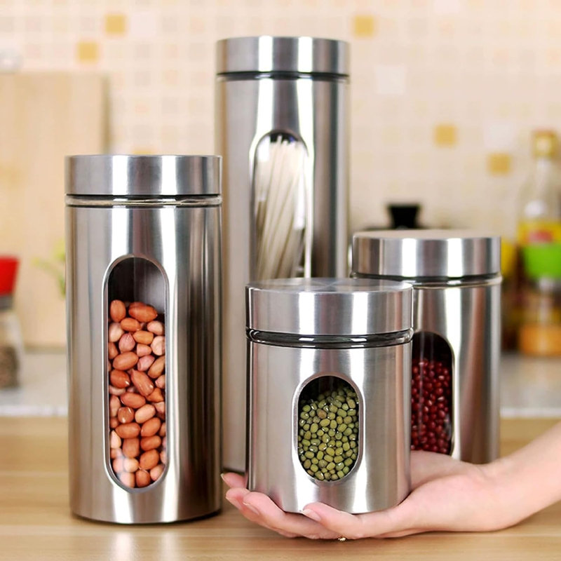 MantraRaj Metal Canister 4 Jar Set Stainless Steel With Glass Windows Food Storage Containers