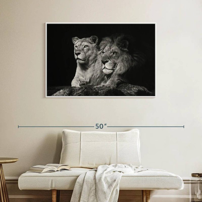 Lion et compagnons de lionne, Cadre flottant blanc, 40 po x 27 po