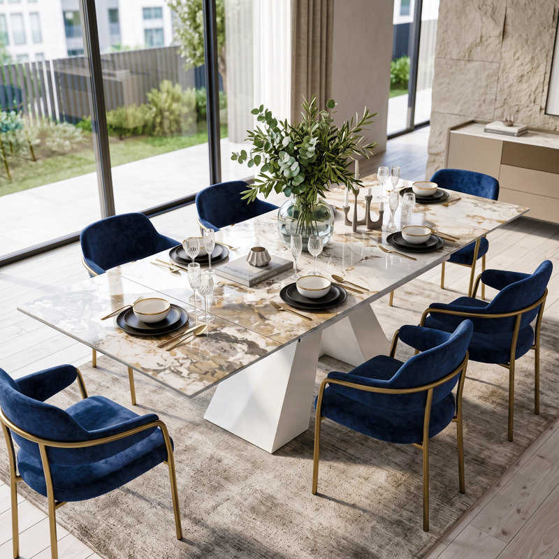 Table de salle à manger extensible 63 "à 94,48" moderne Glam Pandora avec base en acier au carbone pour 8-10, White