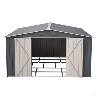 12×14 Ft Outdoor Metal Storage Shed, Large Garden Tool Shed With Lockable Double Doors, Waterproof Yard Building, Patio
