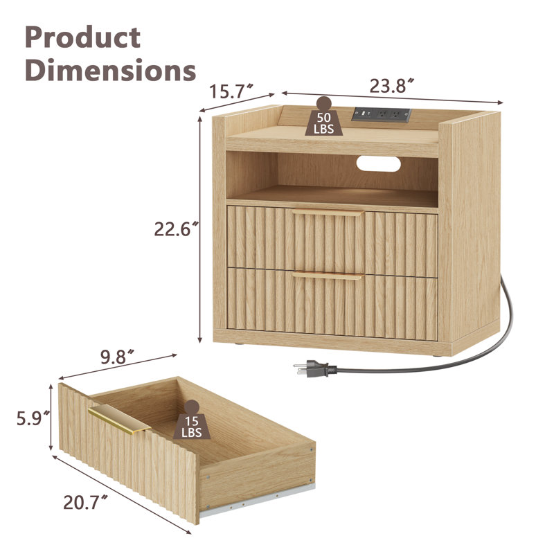 23.8''W Modern Nightstand With Charging Station,2-drawer And 1 Shelf, 2