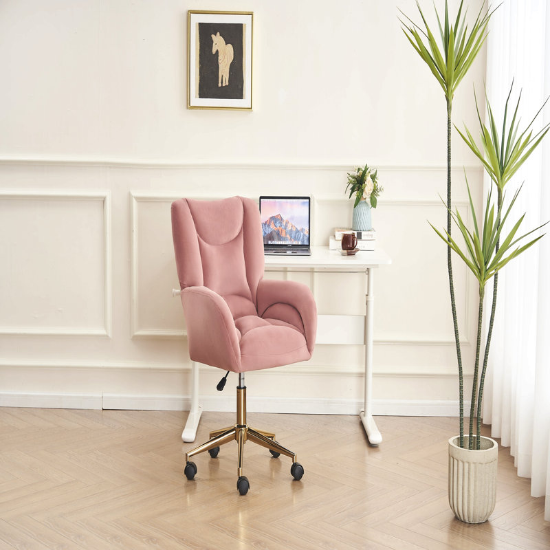 Chaise de bureau pivotante 360 avec base en métal doré et roues universelles, Velours rose