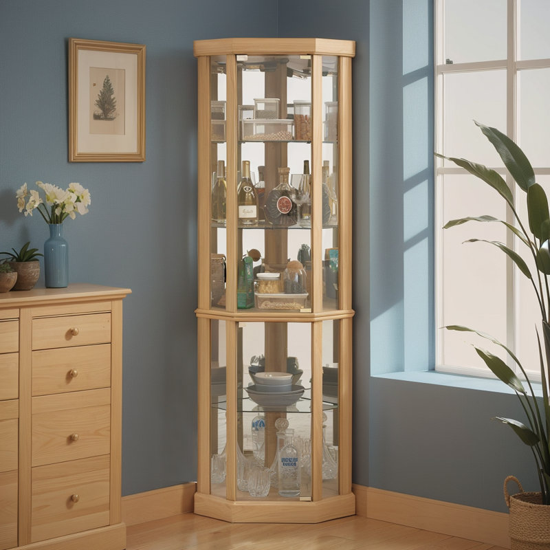 Vitrine d'angle en verre Therris, Chêne clair, H 69,85 po x l 16,5 po x P 16,5 po