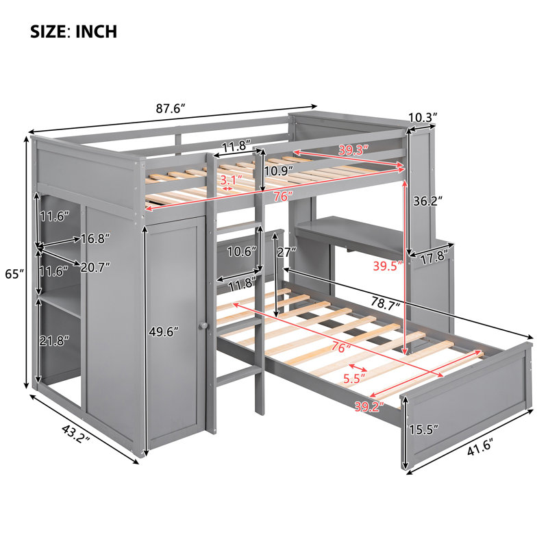 Lit mezzanine avec lit simple, bureau, tablettes et garde-robe, structure en bois compacte pour enfants et adolescents, Gris
