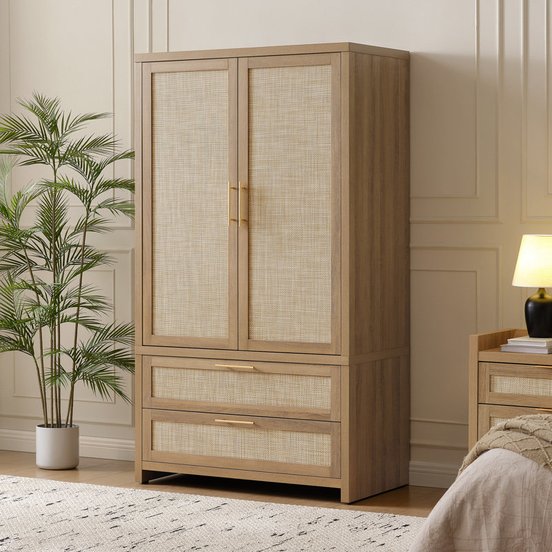 70.86'' H Bohemian - Inspired Rattan Armoire With Adjustable Shelves, Multi - Functional Storage Cabinet With 2-Door And 2-Drawer