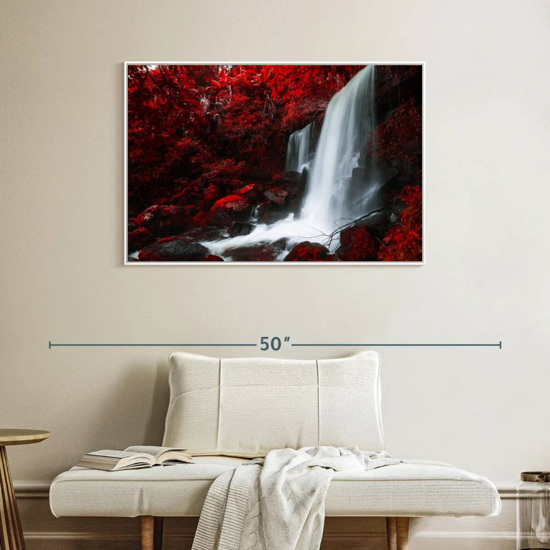 Chute d'eau rouge d'automne, Cadre flottant blanc, 40 po x 27 po