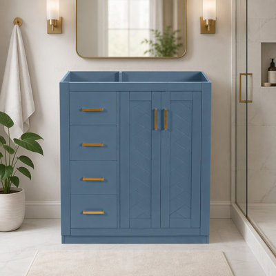 Ensemble de meuble-lavabo autoportant avec cadre en bois massif 30 po, 3 tiroirs et portes à fermeture douce