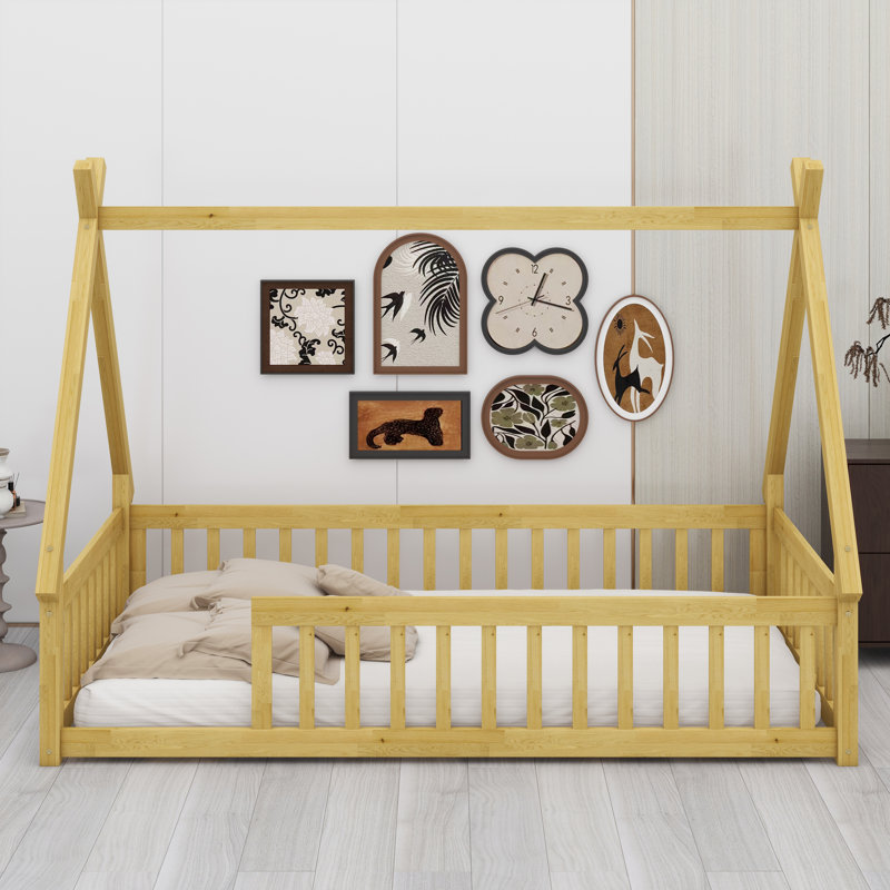 Tent-Style Floor Bed With Safety Guardrails And Built-In Slats, Natural