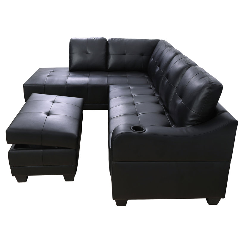 Sweetgrove Faux Leather L-Shaped Sectional, Faux Leather Black, Left Hand Facing
