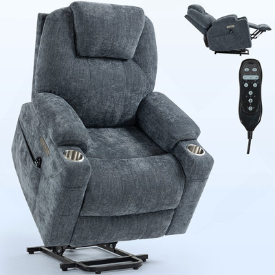 Up To 350 LBS Chenille Power Lift Recliner Chair, Heavy Duty Motion Mechanism With 8-Point Vibration Massage And Lumbar Heating, USB And Type-C Ports, Stainless Steel Cup Holders