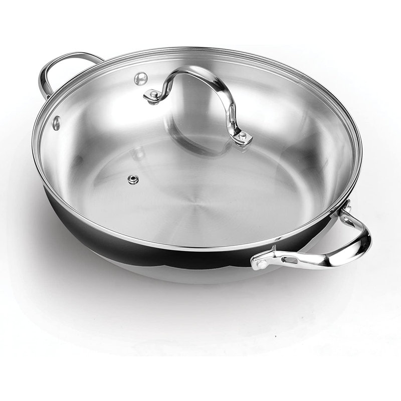 Poêle à frire en acier inoxydable standard de 12 pouces avec couvercle en verre Cooks Standard Classic de 30 pouces avec deux poignées latérales, batterie de cuisine à induction compatible