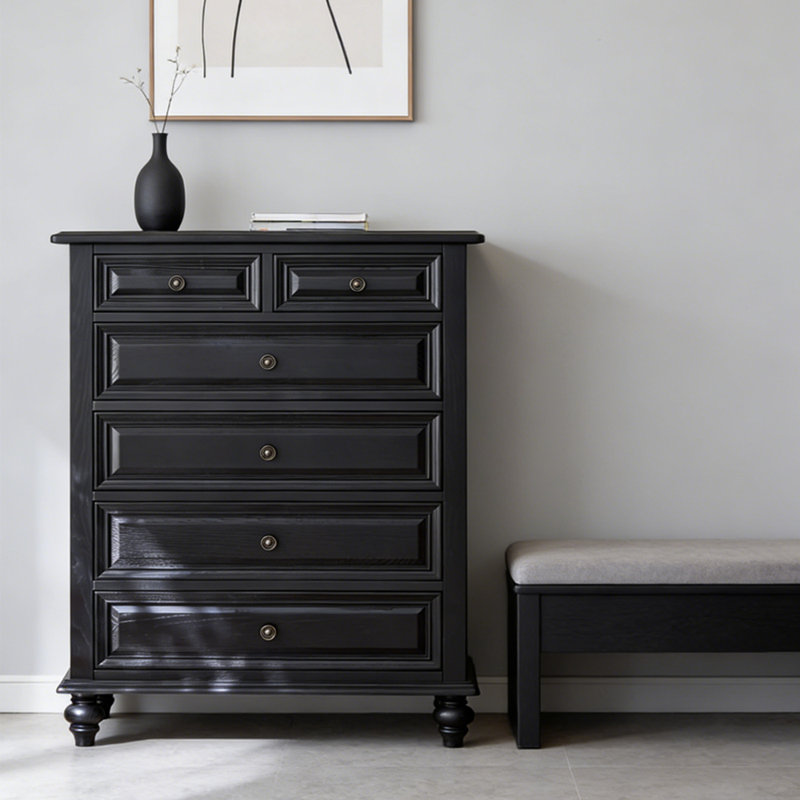 Exquisite Black Solid Wood 6-Drawer Cabinet, 44.4" H x 39.37" W x 17.71" D