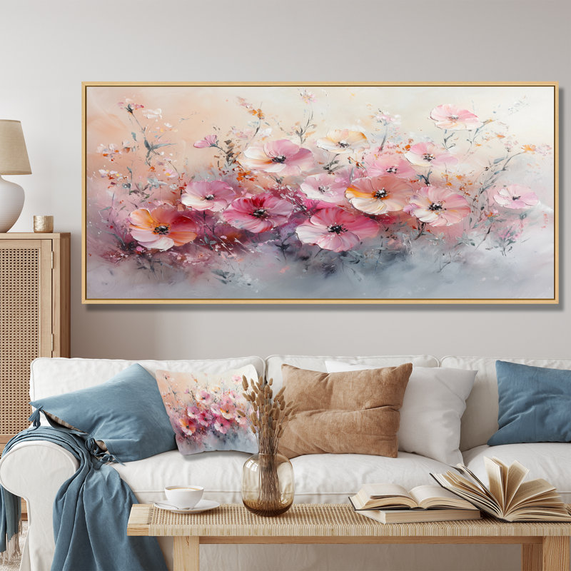 Jackelyne, coucher de soleil aux tons de rose pastel - fleurs sauvages, H 28 po x l 60 po, Cadre flottant, Doré