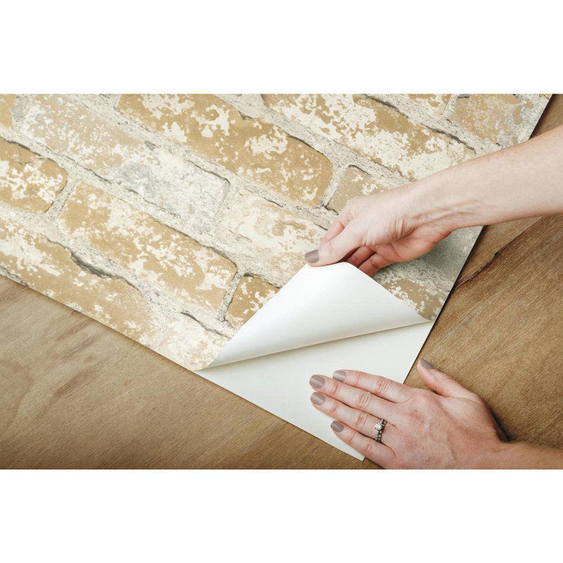 Joetta Stuccoed 16.5' L x 20.5" W Brick Peel and Stick Wallpaper Roll, Beige, 20.5"W x 16.5"L