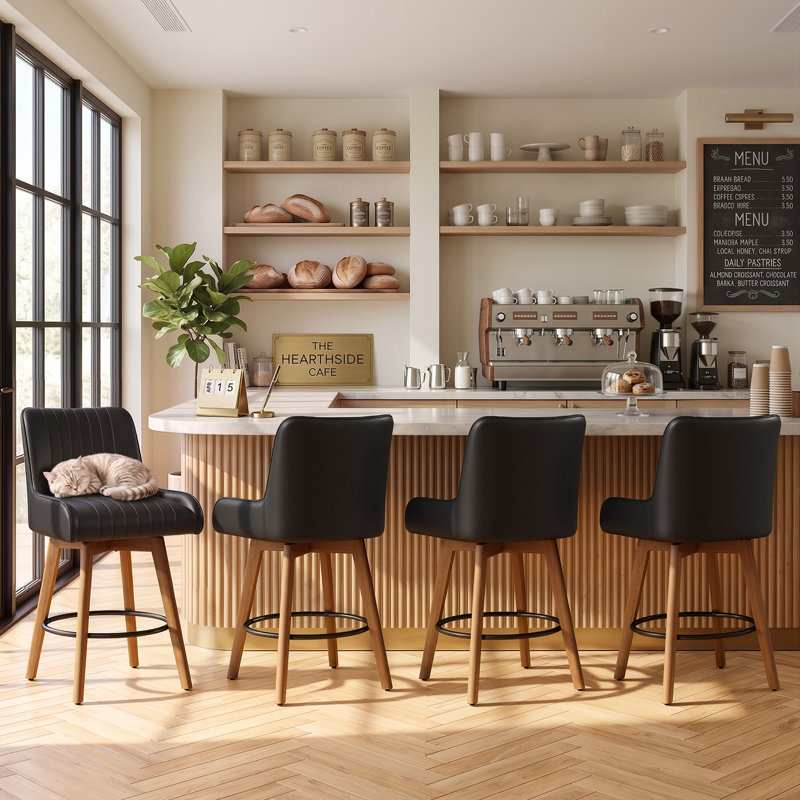 Tabouret de bar pivotant extra large à 360 ° avec siège à ressorts ensachés et base en bois massif, Noir