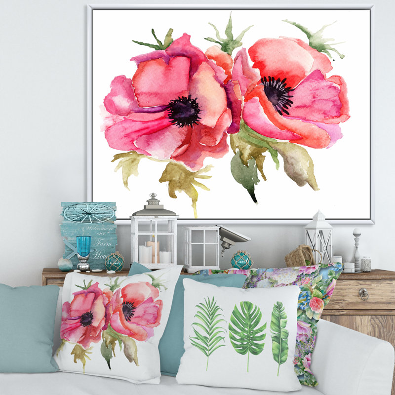 Fleurs de coquelicot stylisées - peinture sur toile, H 30 po x l 40 po x p 1 po, Toile blanche encadrée