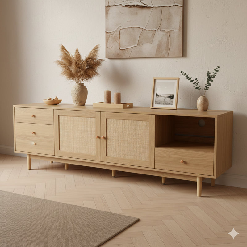 Console multimédia d'inspiration bohème avec détails en rotin véritable, avec rangement ouvert et tiroirs. Un meuble audio-vidéo compatible avec les téléviseurs de 65, 75 et 85 pouces.