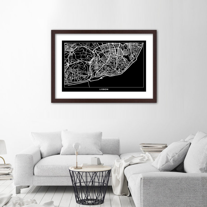 Lisbon City Map 1 Piece Single Picture Frame Wall Art, 20cm H x 30cm W, Brown