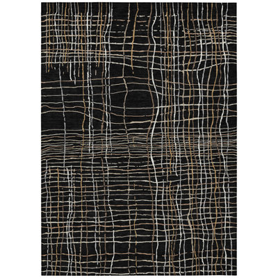 10' X 14' Black Ivory And Brown Striped Washable Indoor Outdoor Area Rug