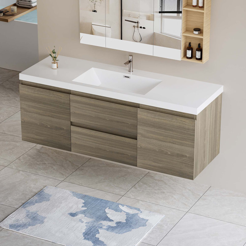 Floating Bathroom Vanity With Single Sink, Ash Gray