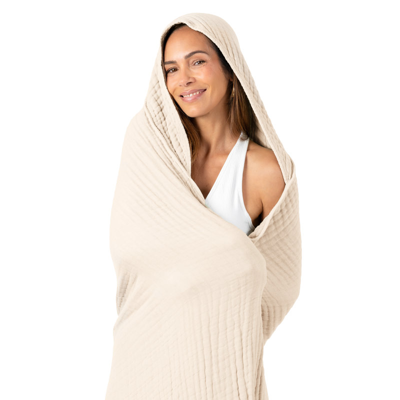 Comfy Cubs Adult Hooded Towel, Large Muslin Cotton Durable and Dual Function Wearable Blanket and Absorbent, Sand