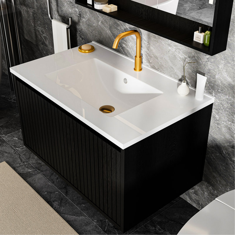 Meuble-lavabo mural de 30 po, noir, sans lavabo en céramique, grand rangement, espace de rangement flottant conforme aux normes Carb2, formaldéhyde faible, installation rapide