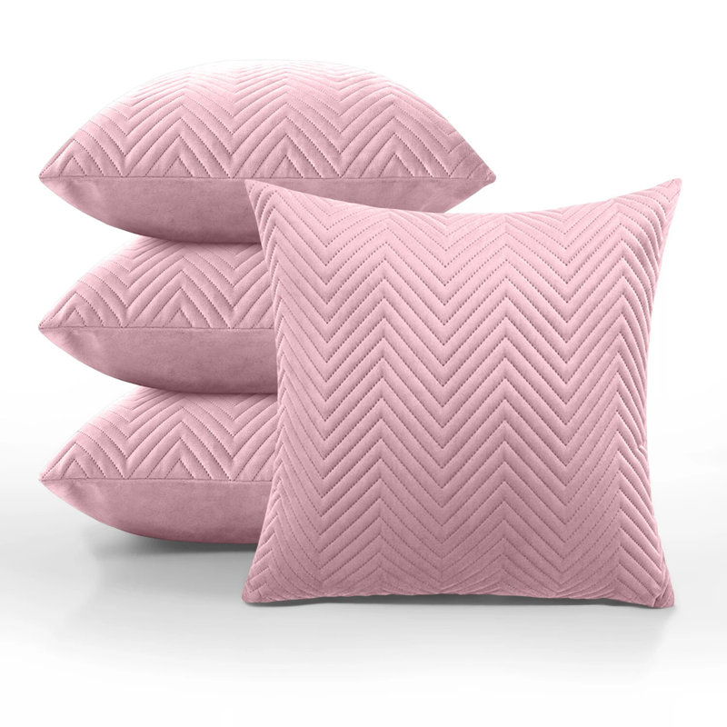 Luxury Chevron Embossed Quilted Pattern Velvet Cushion Cover Set (4-Pack) - Soft Throw Cushion Cover for Home Décor, Pink