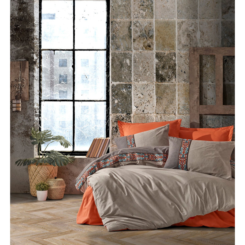 Ensemble de housse de couette luxueuse Ranforce, couleur cannelle | 100% coton, housse de couette 78,7 po x 86,6 po, drap plat 94,5 po x 102,4 po, 2 taies d'oreiller 19,7 po x 27,6 po | Lavable à la machine, fermeture à boutons, conception élégante