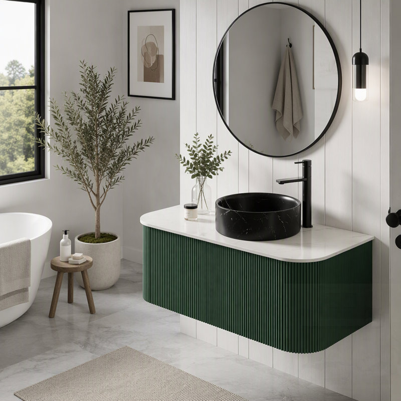 Meuble-lavabo flottant avec rebords arrondis, rangement rayé, cuve en céramique et plateau en pierre frittée, pré-assemblé