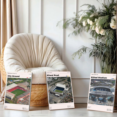 Ensemble de 3 affiches encadrées représentant des vues aériennes de stades de Premier League (Nottingham Forest, City Ground, Leeds United, Elland Road, Manchester City et Etihad Stadium). Décor idéal pour la maison ou le bureau, ou pour tout amateur de sport.