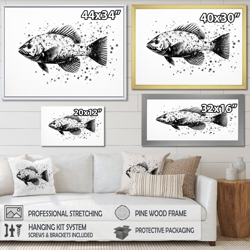 Monochromes noirs et blancs avec crevettes II - reproduction sur toile, Cadre flottant blanc, H 24 po x l 32 po x P 1 po