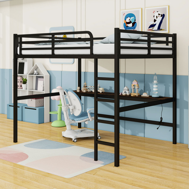 Queen-Size Metal Loft Bed With Built-In Desk, USB Charging, And LED Lighting