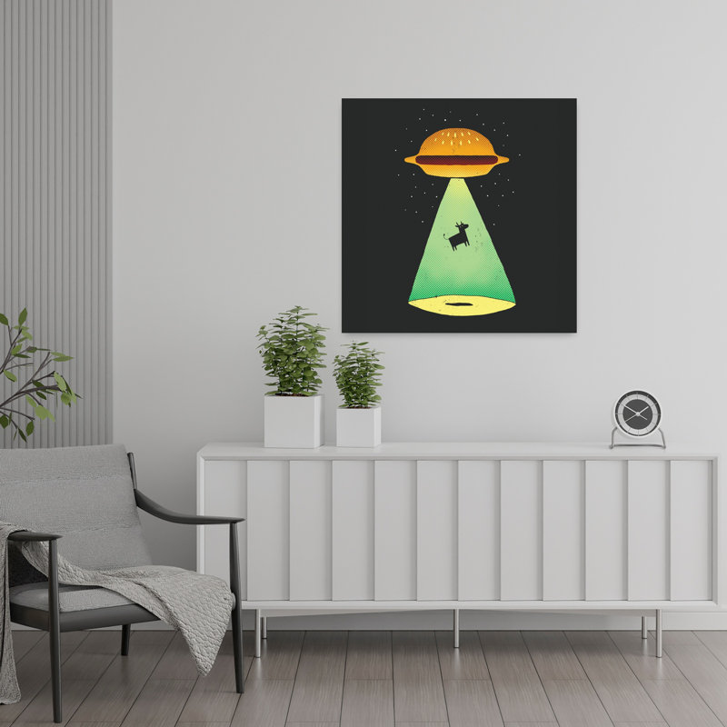 Burger enlèvement, vache, art urbain contemporain, H 24 po x l 24 po
