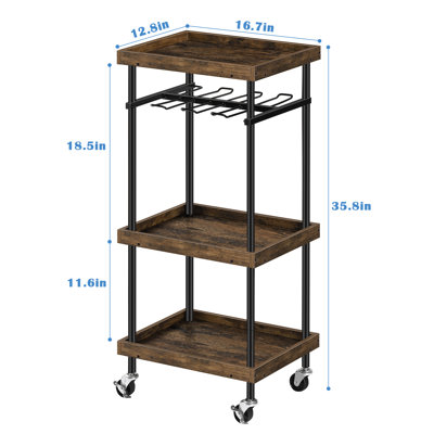 Chariot utilitaire industriel à 3 niveaux avec tablettes en bois, organisateur d'établi en métal avec support suspendu et roulettes, brun rustique