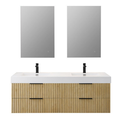 Meuble-lavabo double mural Livia de 60 po avec lavabo encastré blanc en imitation verre et miroir