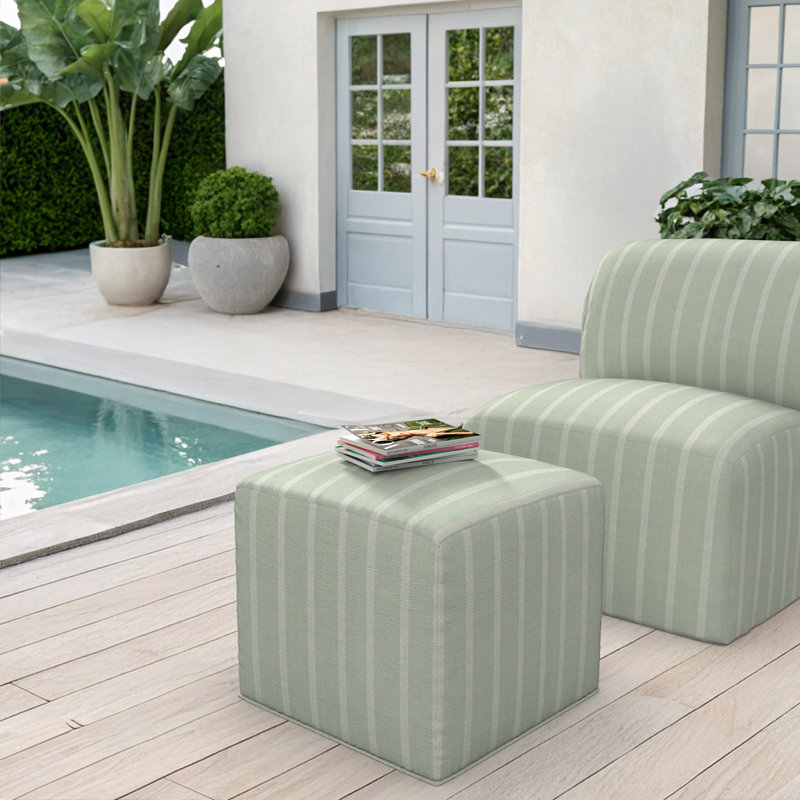 Praia Sunbrella® Outdoor Ottoman, 18" H x 18" W x 18" D, Unwind Rainwashed Striped Sunbrella®