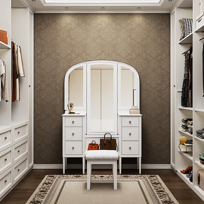 Coiffeuse à maquillage antique de style antique avec miroir triple, rangement à 6 tiroirs, siège moelleux confortable et miroir pleine grandeur pour les tiroirs de salle de bain, tabouret à pieds en bois